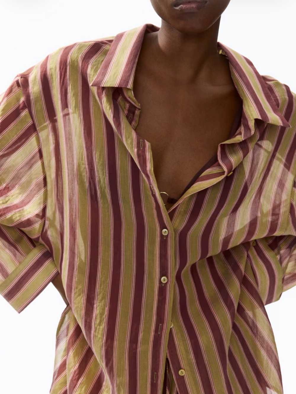 H&M Sheer Striped Button-Front Women's Shirt in Burgundy